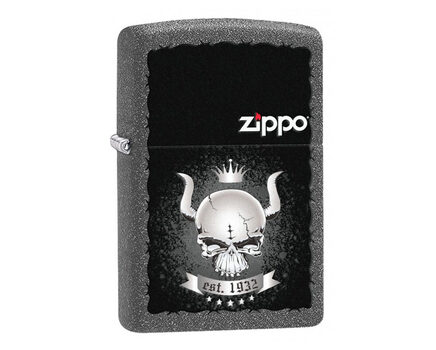 Купите зажигалку Zippo 28660 Skull with Horns and Crown with Zippo Logo Iron Stone (имитация кованого железа, рисунок рогатого черепа с короной, надпись, логотип Зиппо) в интернет-магазине